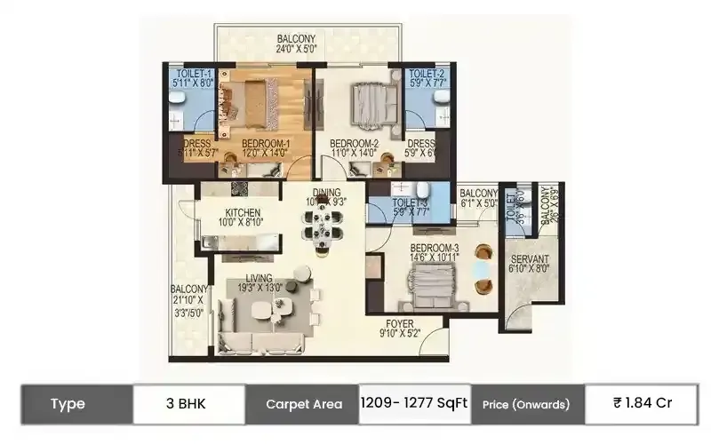 ORO Constella 3 BHK floor plan, 1209 sq ft carpet area
