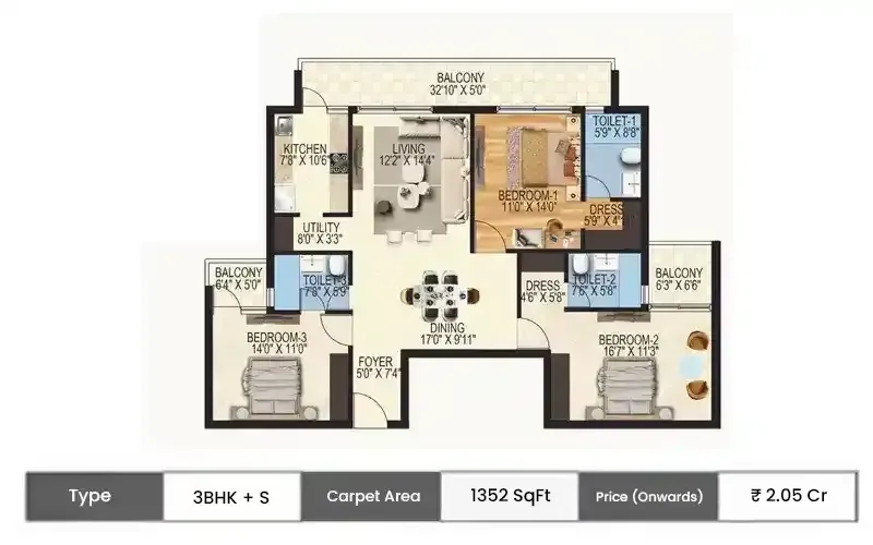 ORO Constella 3 BHK + S floor plan, 1352 sq ft carpet area