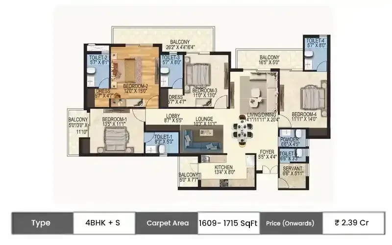ORO Constella 4 BHK floor plan, 1609 sq ft carpet area
